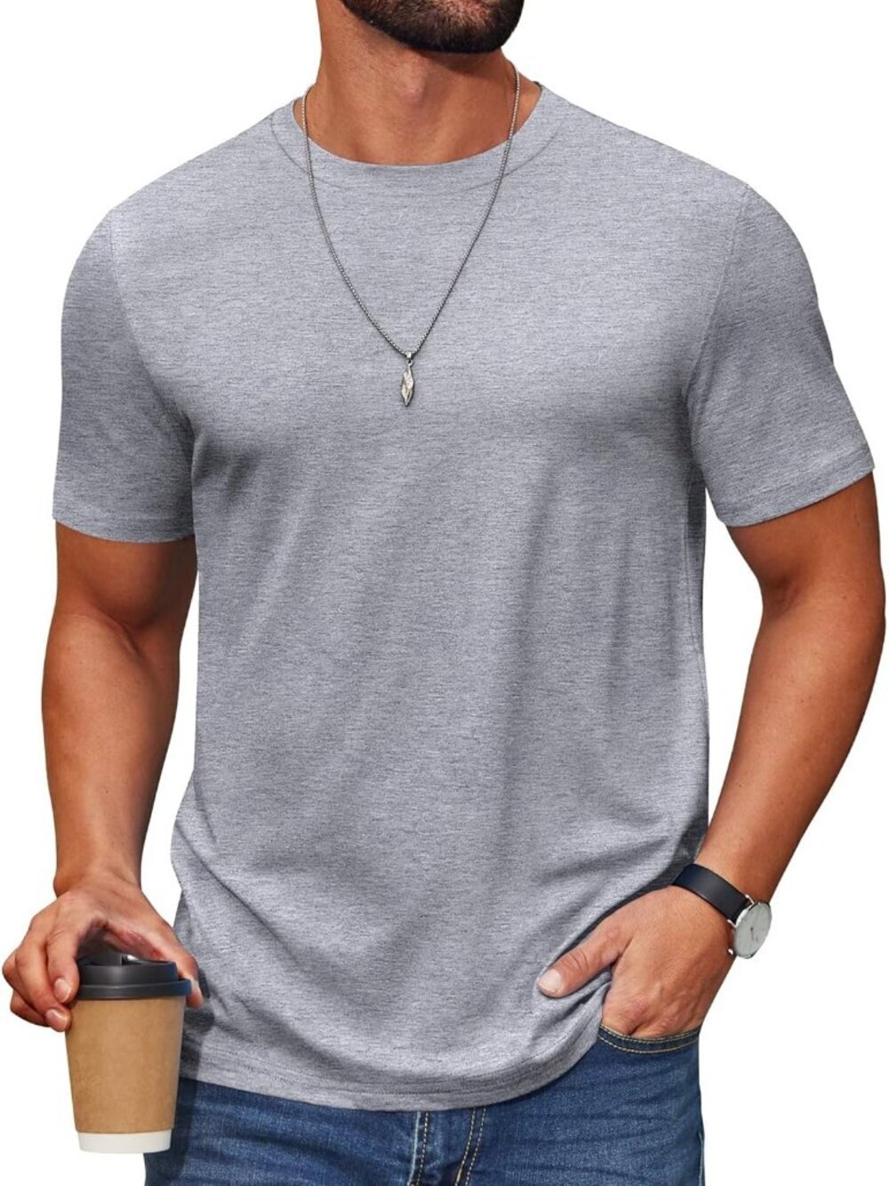 Men's Gray T-Shirt Short Sleeve Cotton Blend Crew Neck Casual Summer Basic Tee